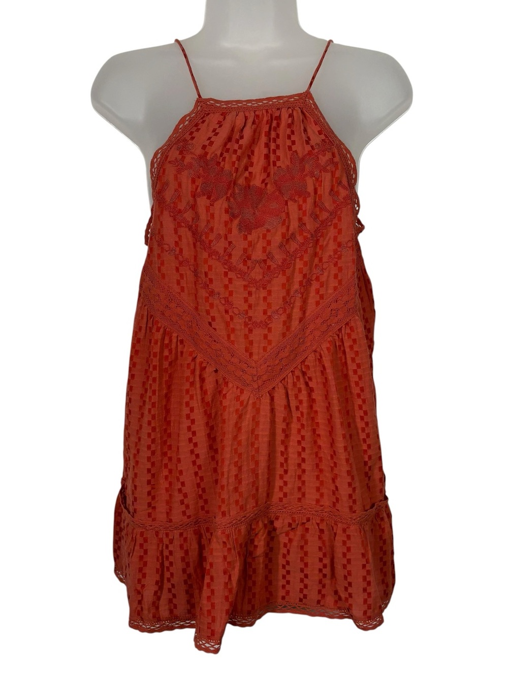 Free People Elisa Orange Halter Neckline Lace Detail Strappy Back Tank Top XS